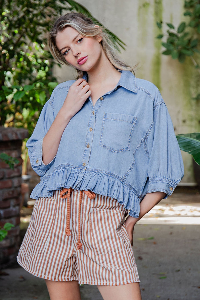 Eesome Ruffles Hem Button Down Denim Top