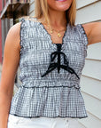 Elan Gingham Peplum Tie Front Top - White/Black