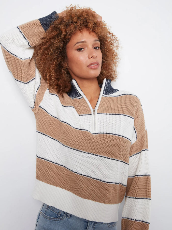 Charlie B Zip Mock Neck Striped Sweater - Camel