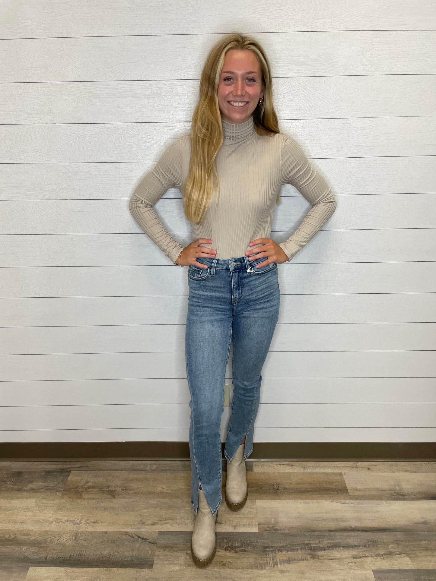 Ribbed Mock Neck Top-Stone
