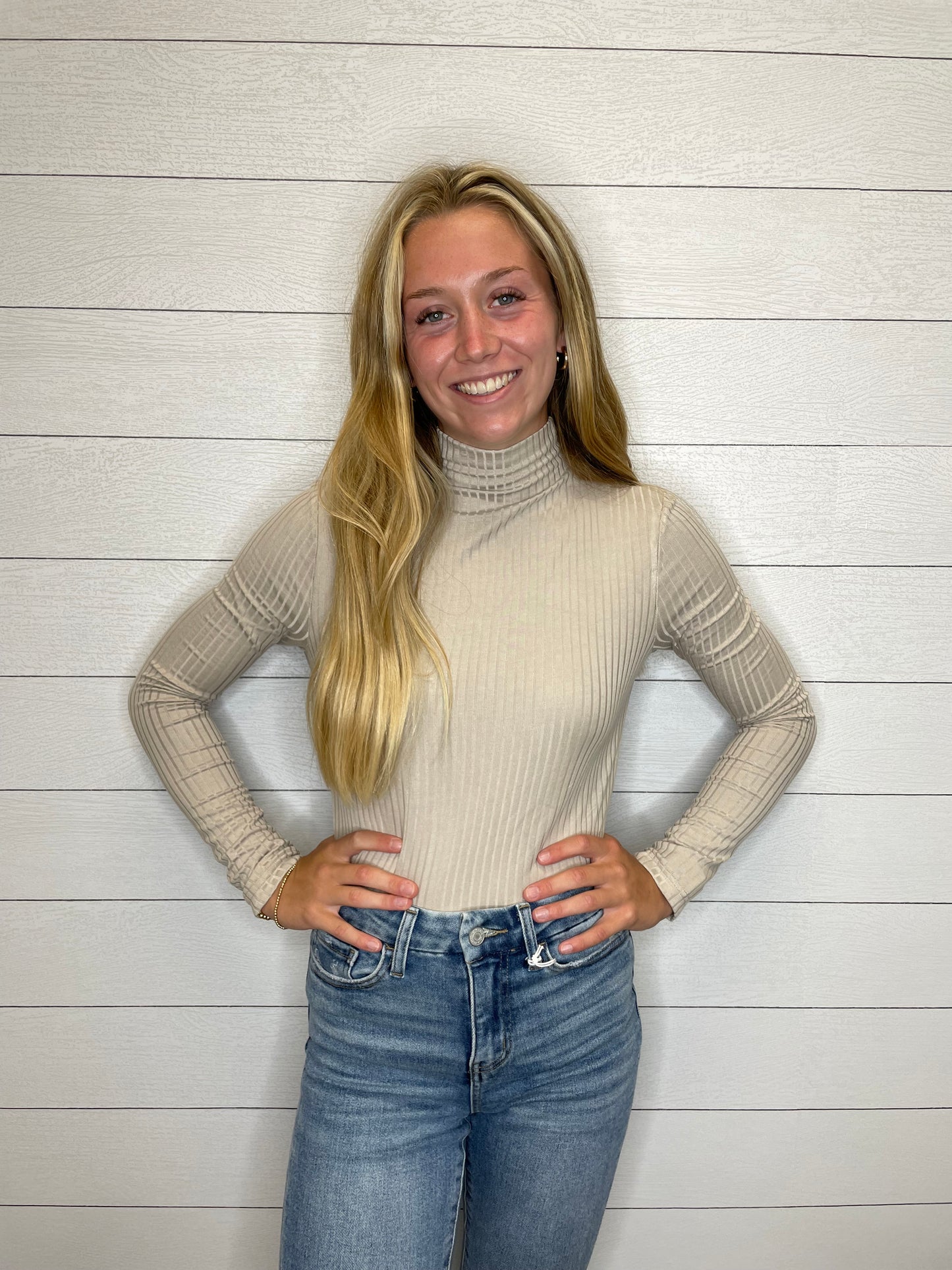 Ribbed Mock Neck Top-Stone