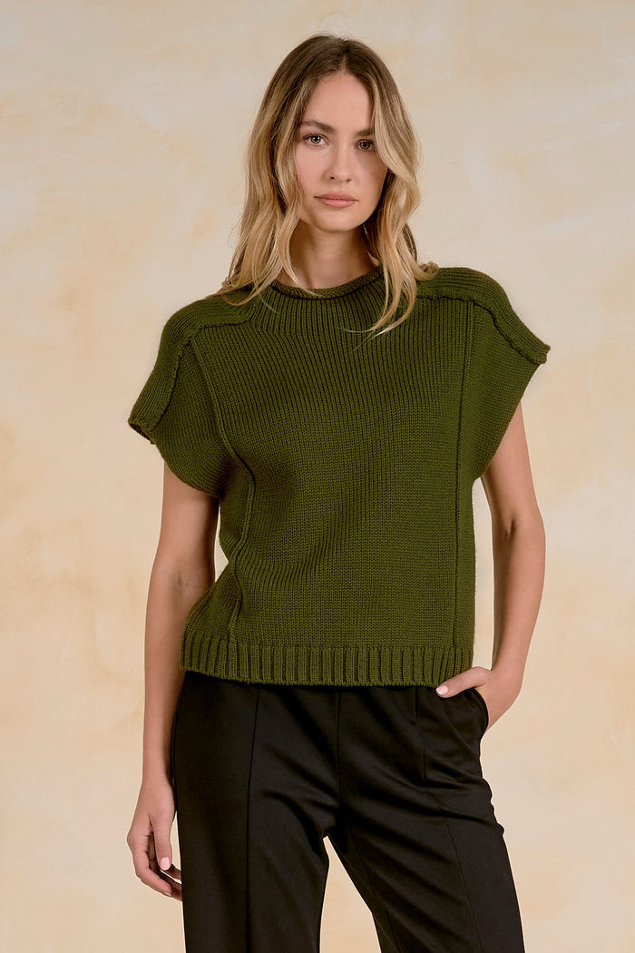 Elan Crewneck Cap Sleeve Sweater - Olive