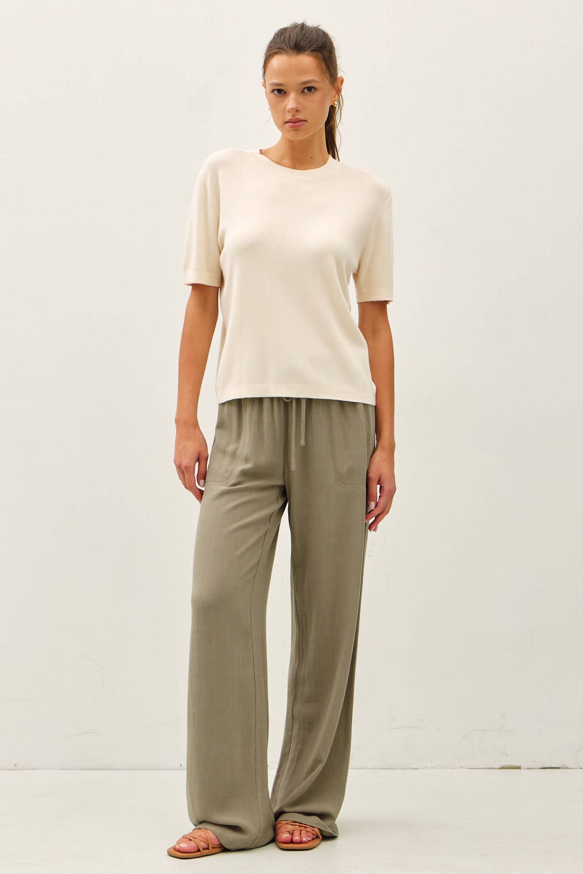 Cashmere Blended Short Sleeve Sweater - Olive