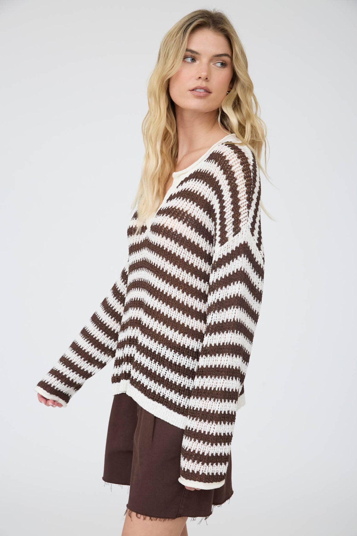 Blu Pepper Stripe Raw Edge Split Neck Sweater Oatmeal detail