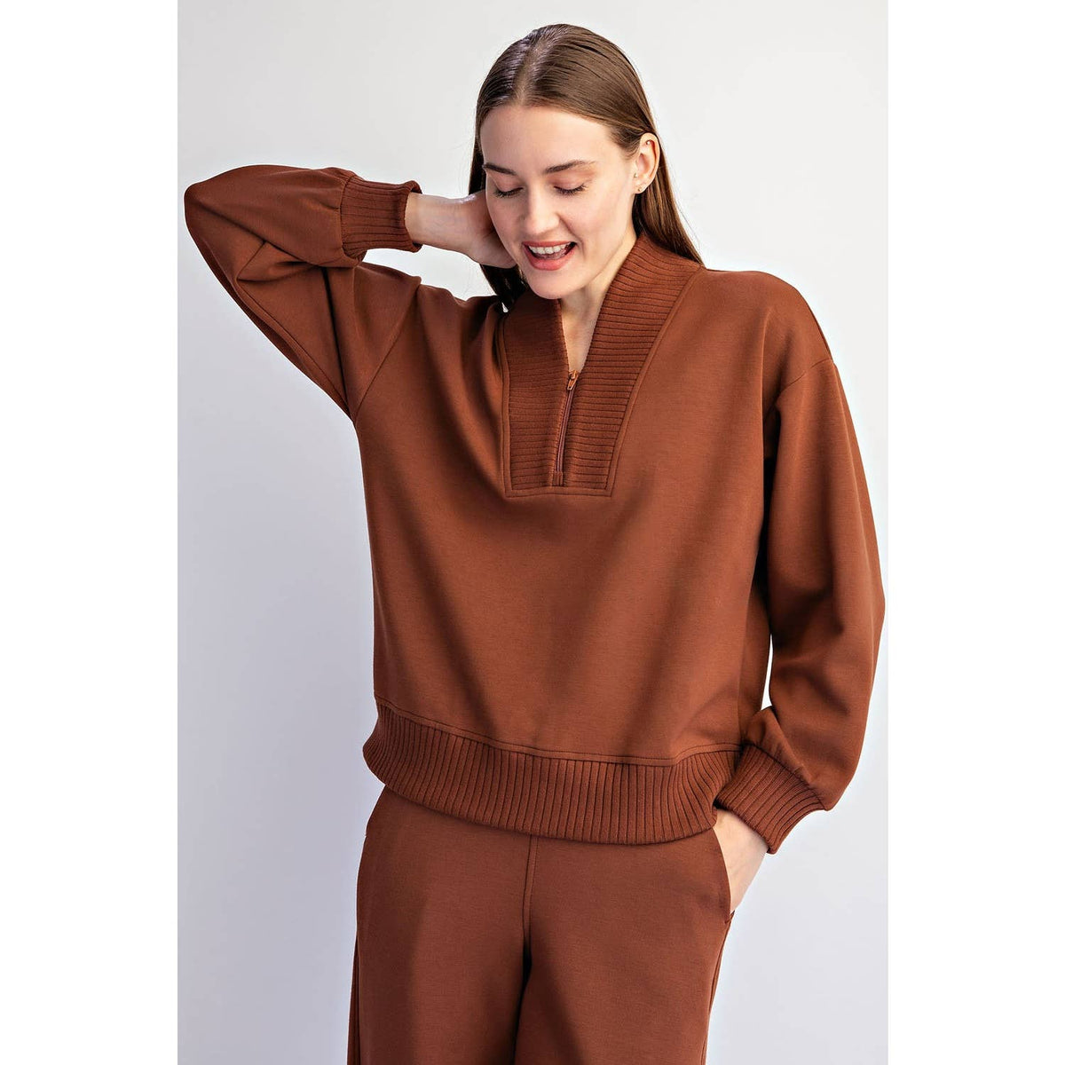 Modal Scuba Luxe V-Neck Top -Chestnut