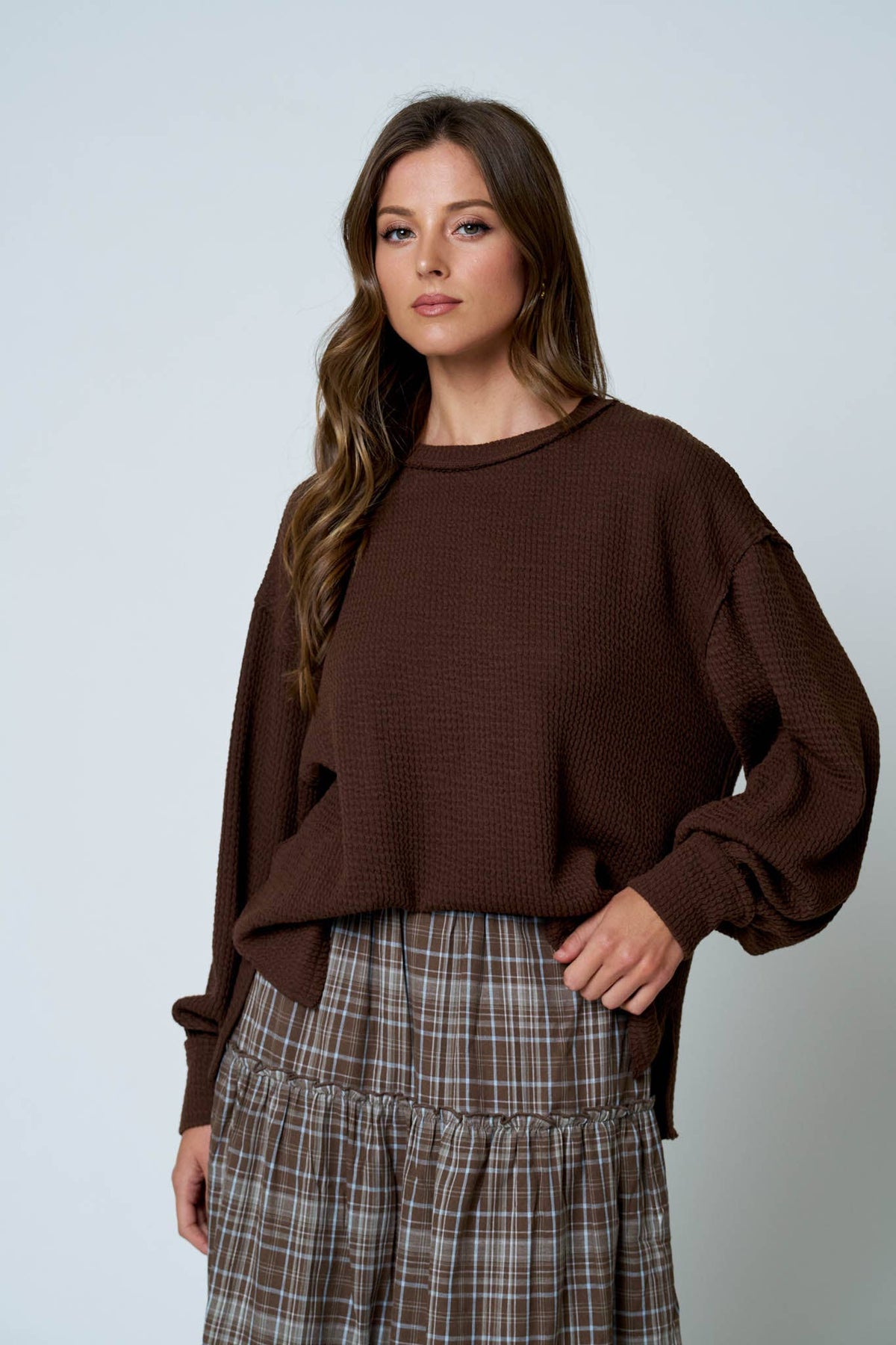 Blu Pepper Textured Exposed Seam Top-Natural