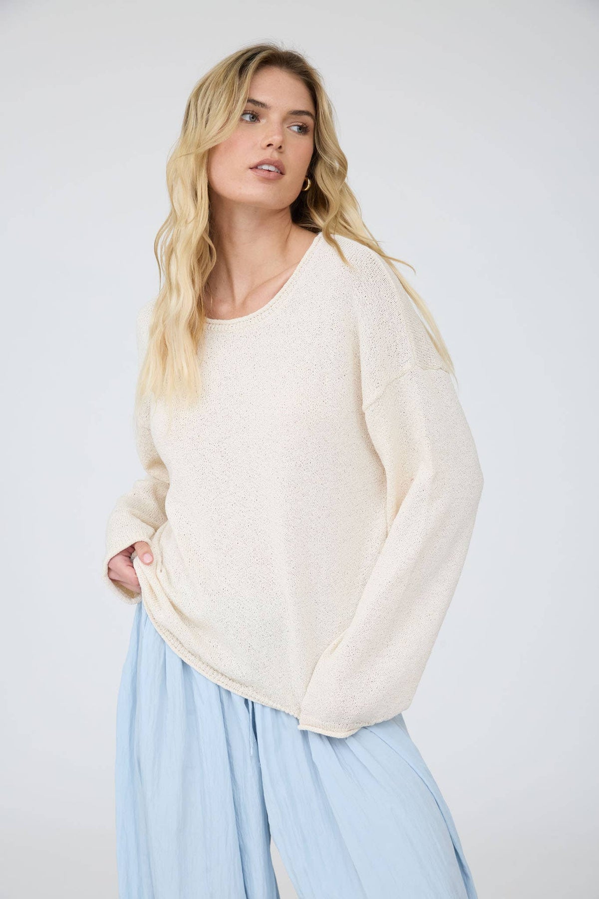 Blu Pepper Textured Raw Edge Sweater Oatmeal close up