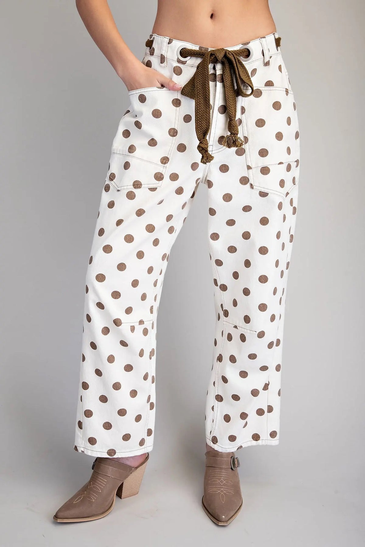 Eesome Oatmeal Polka Dot Front Tie Barrel Pants
