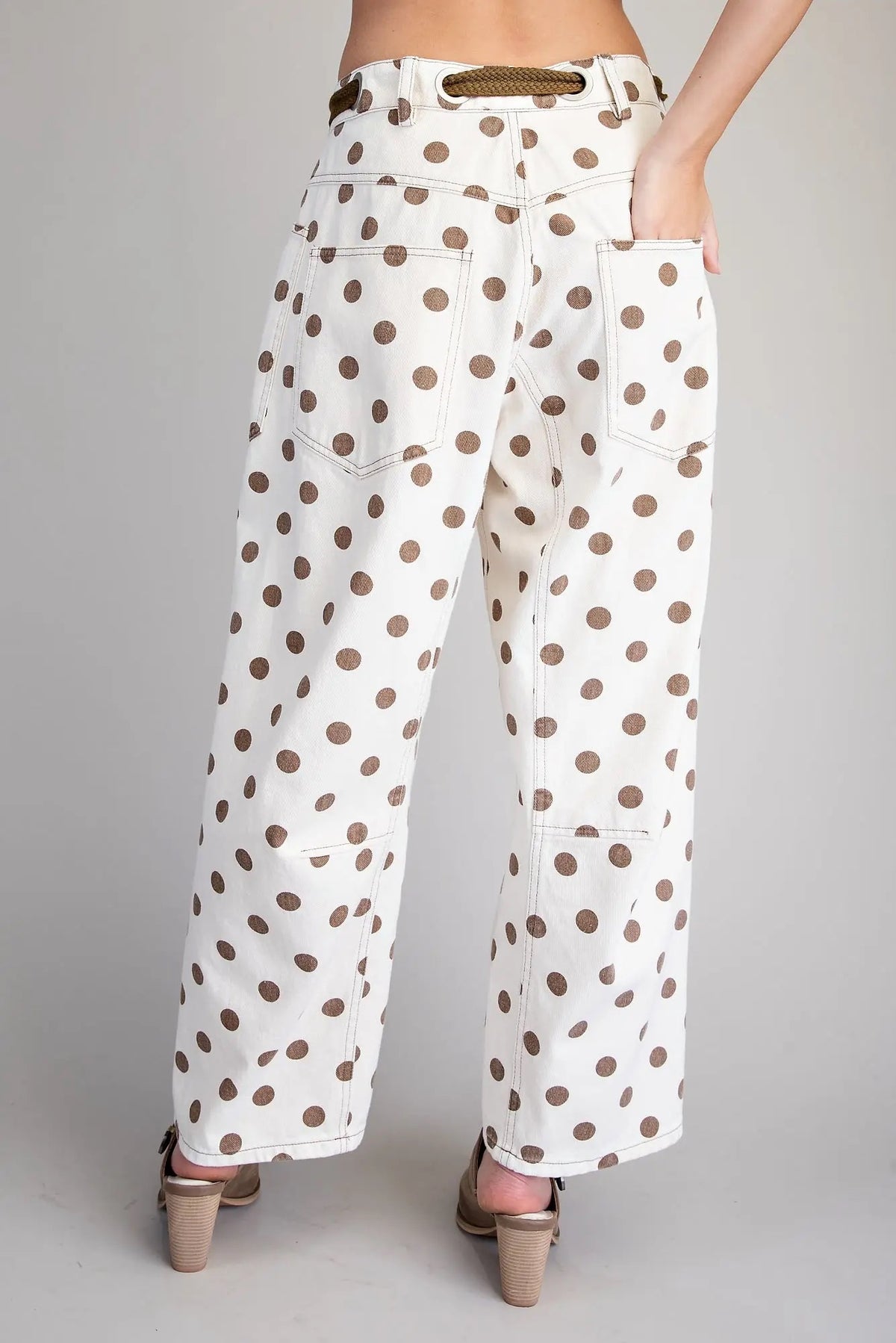 Eesome Oatmeal Polka Dot Front Tie Barrel Pants