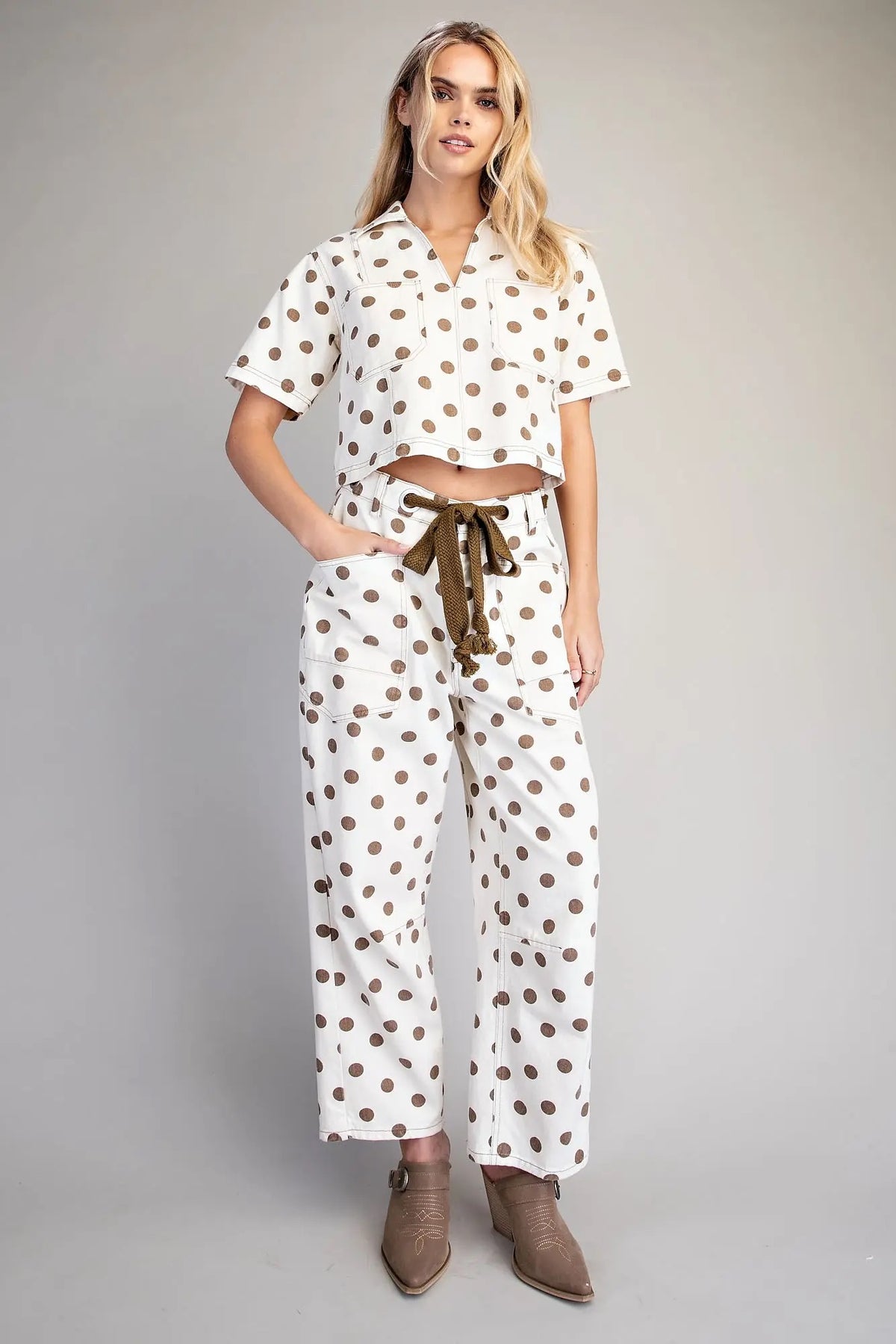Eesome Oatmeal Polka Dot Front Tie Barrel Pants