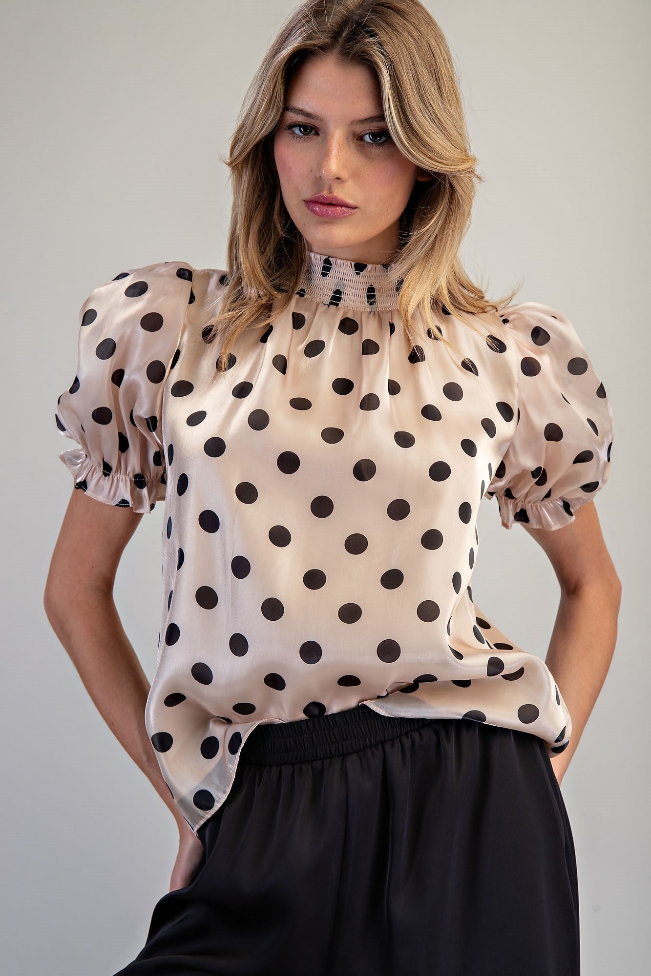 eesome Polka Dot Puff Sleeve Blouse in Champagne - front view