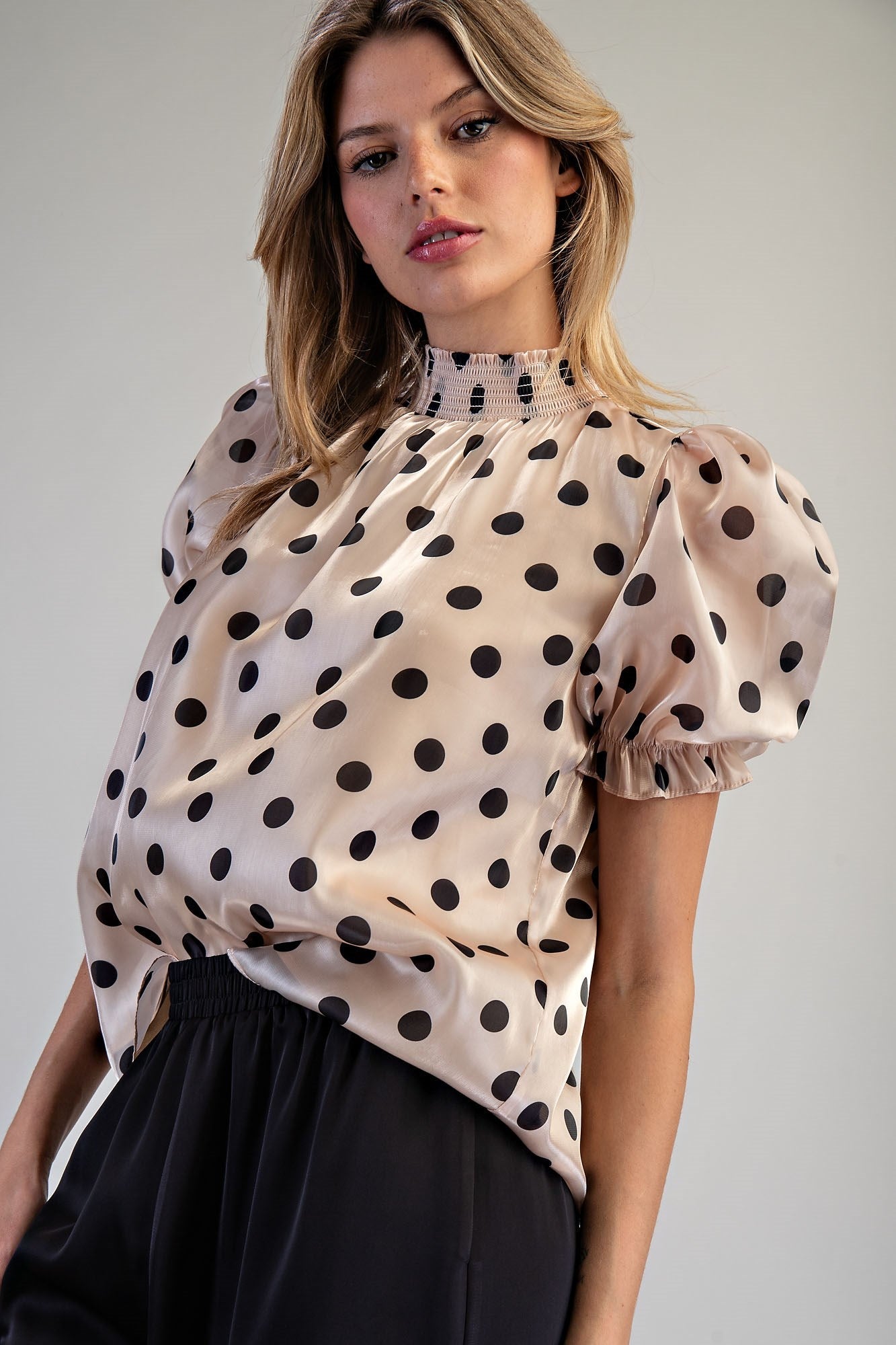 eesome Polka Dot Puff Sleeve Blouse in Champagne - back view