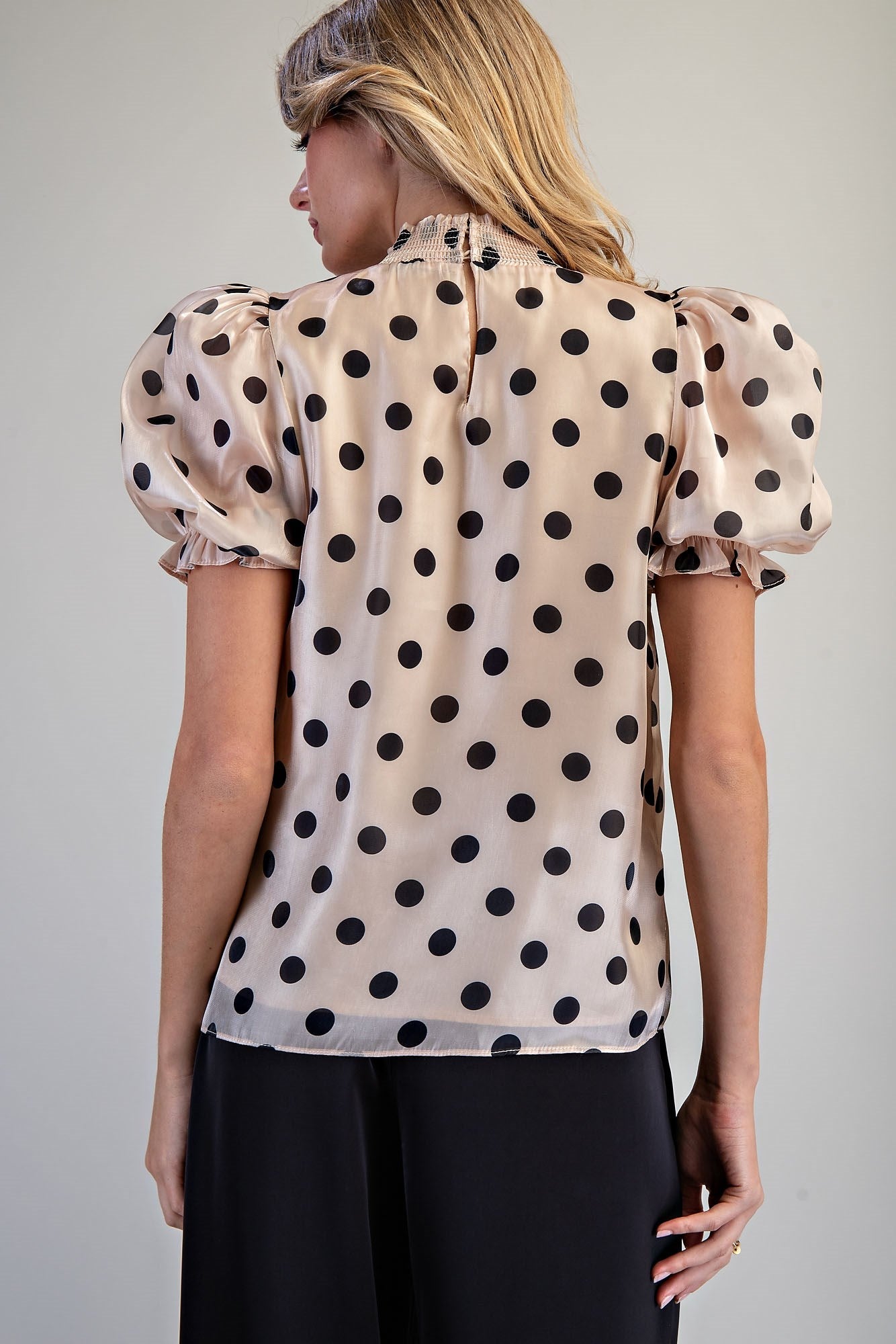 eesome Polka Dot Puff Sleeve Blouse in Champagne - detail view, puff sleeve