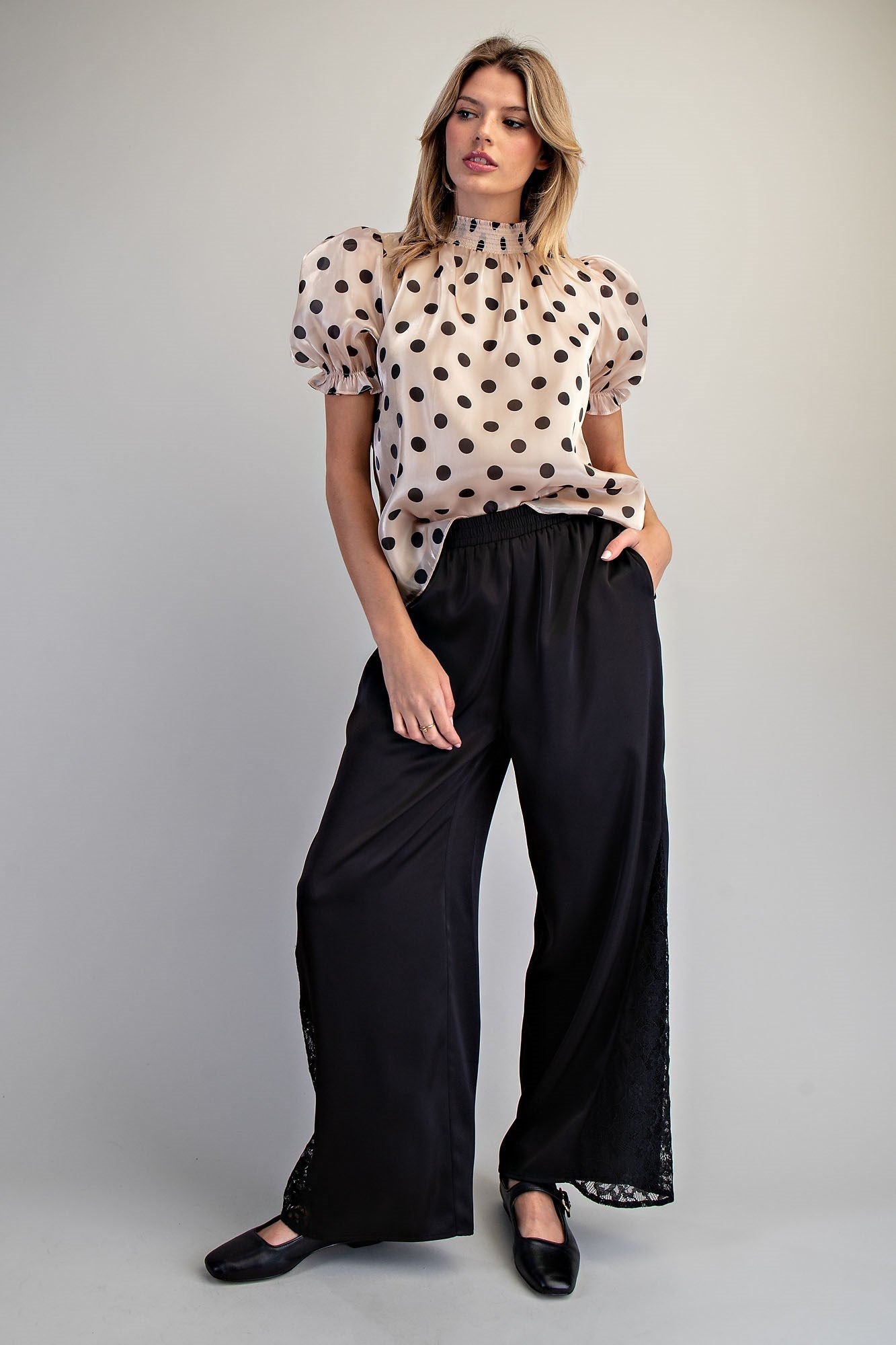 eesome Polka Dot Puff Sleeve Blouse in Champagne - worn, styled