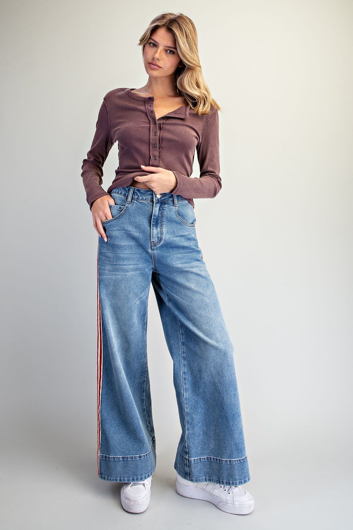 Eesome Denim Side Striped Wide Leg Pants