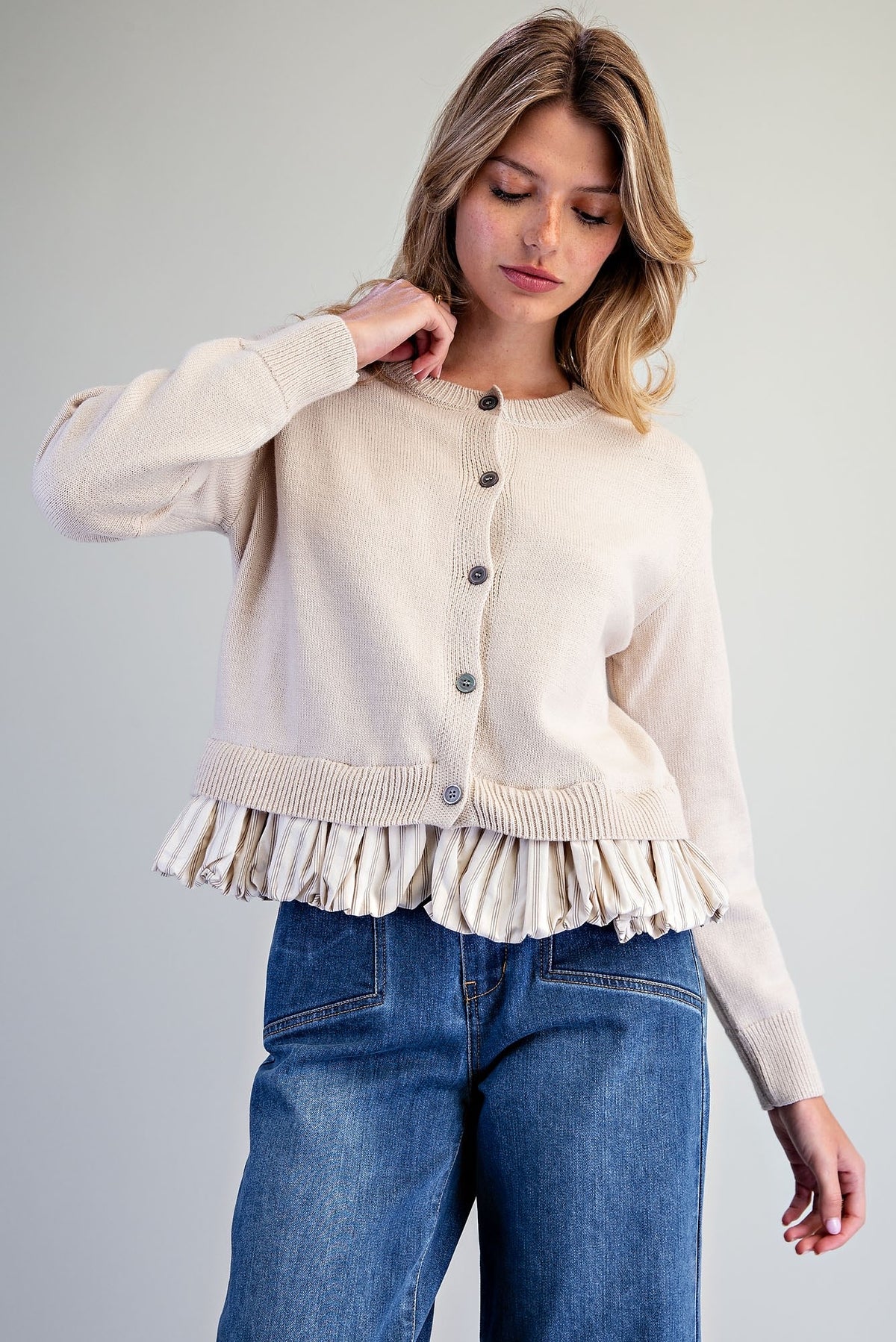 Button Down Stripe Hem Cardigan - Almond
