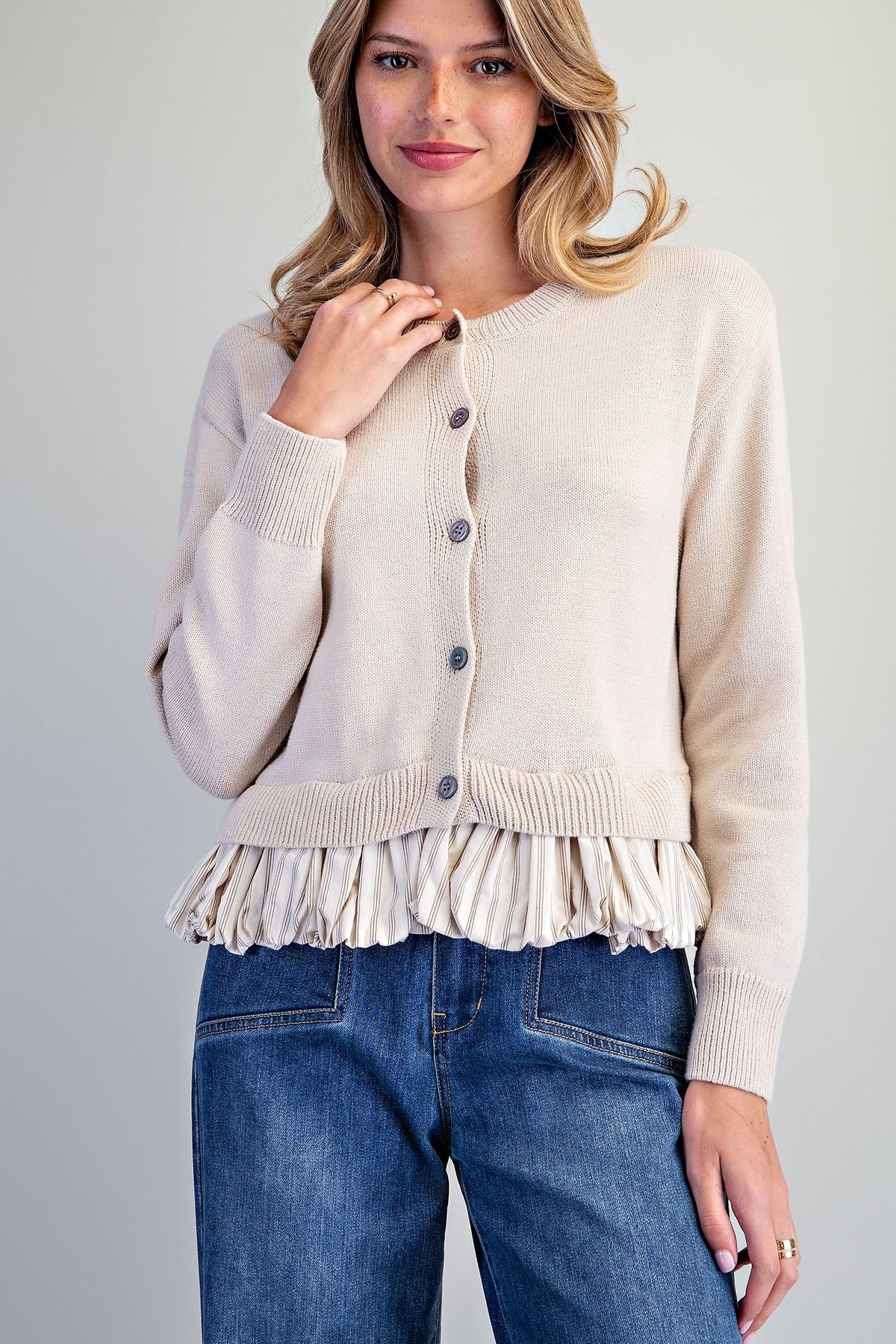 Button Down Stripe Hem Cardigan - Almond