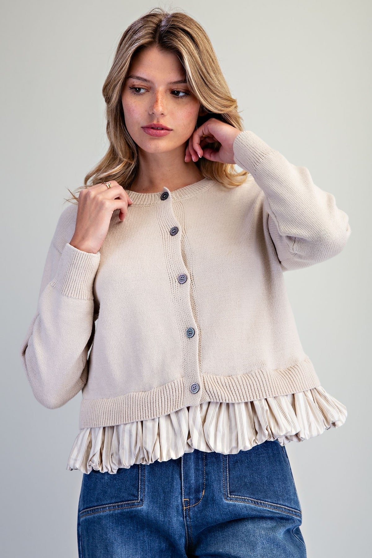 Button Down Stripe Hem Cardigan - Almond