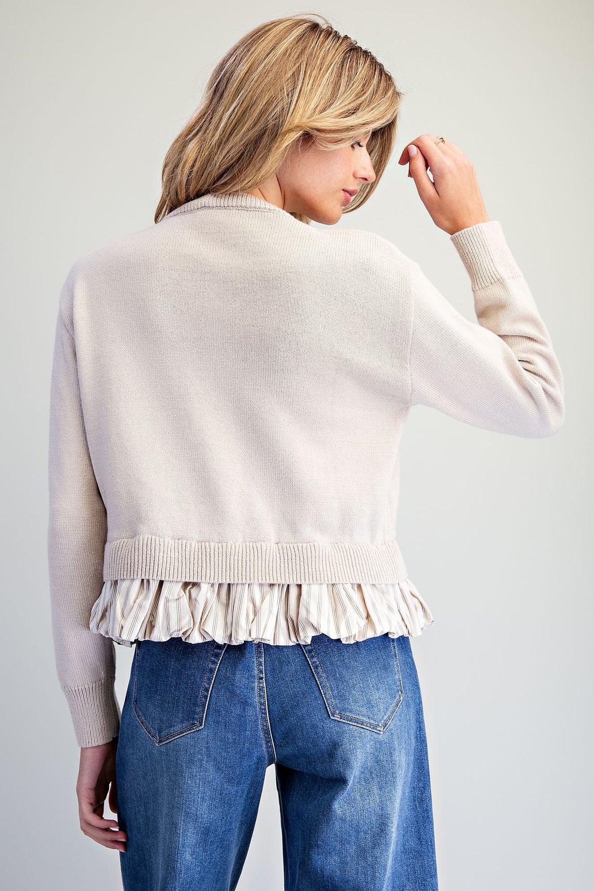 Button Down Stripe Hem Cardigan - Almond