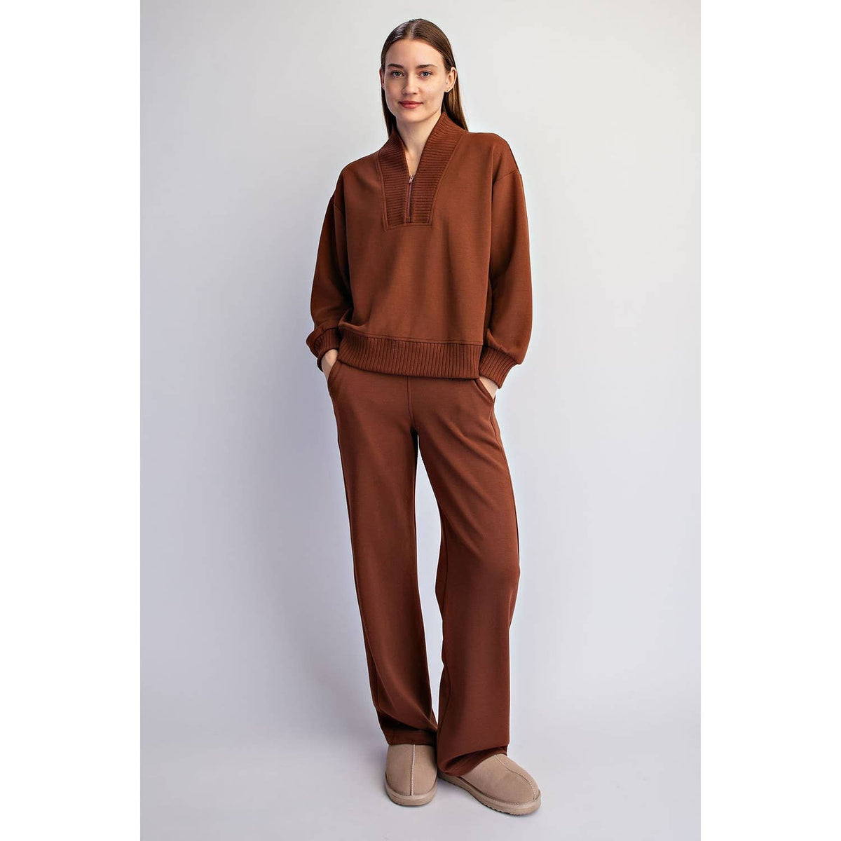 Modal Scuba Luxe V-Neck Top -Chestnut