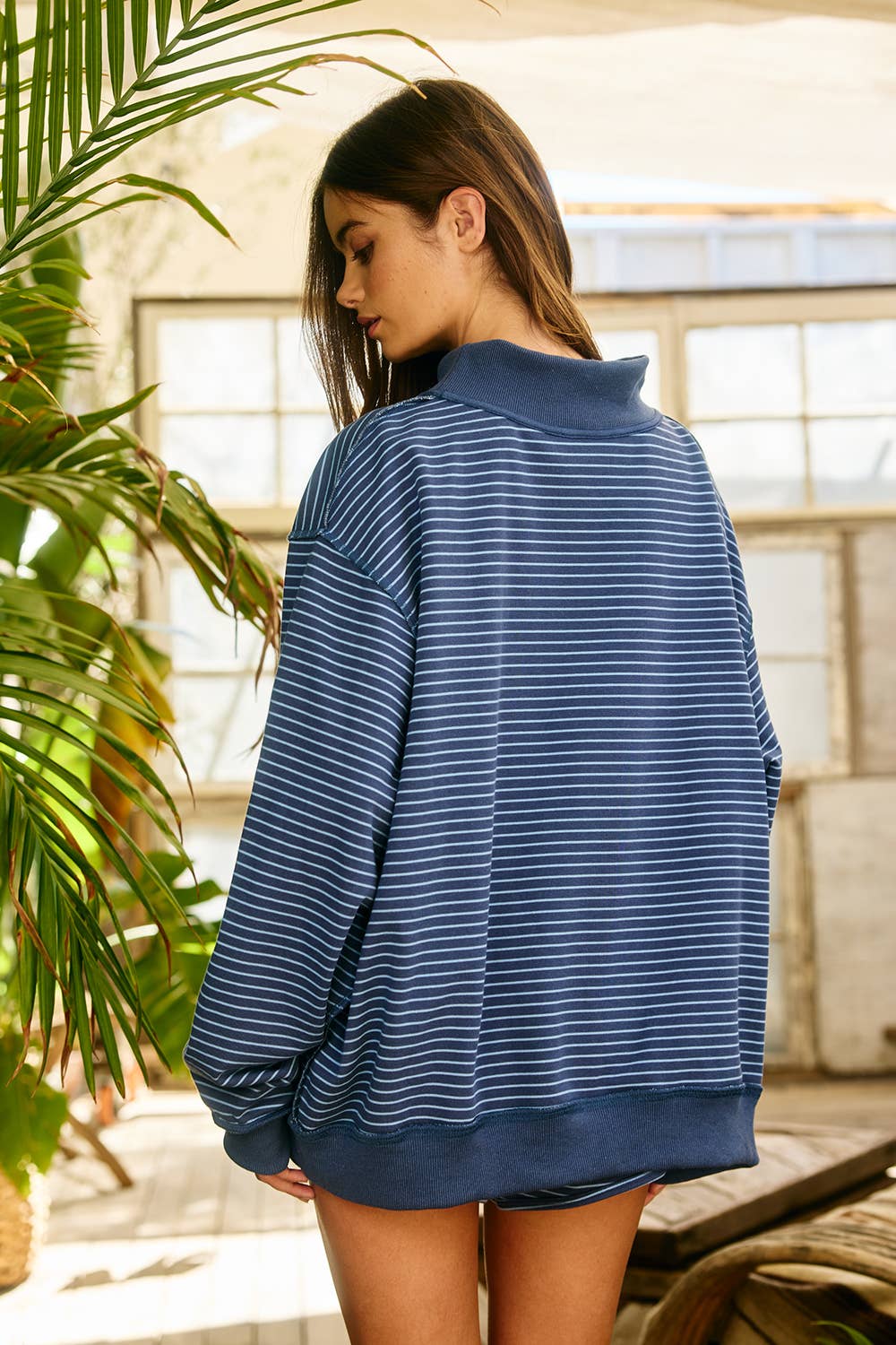 Stripe Print Mock Neck Oversized Sweatshirt-Navy