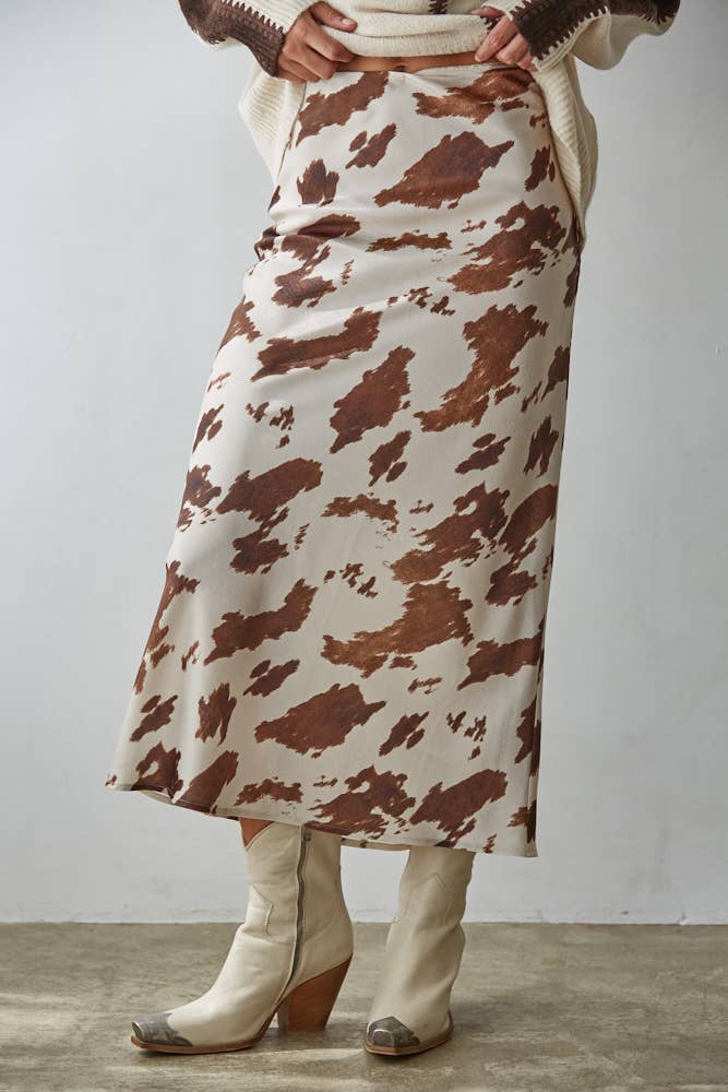 By Together Cow Print Satin Midi Skirt
