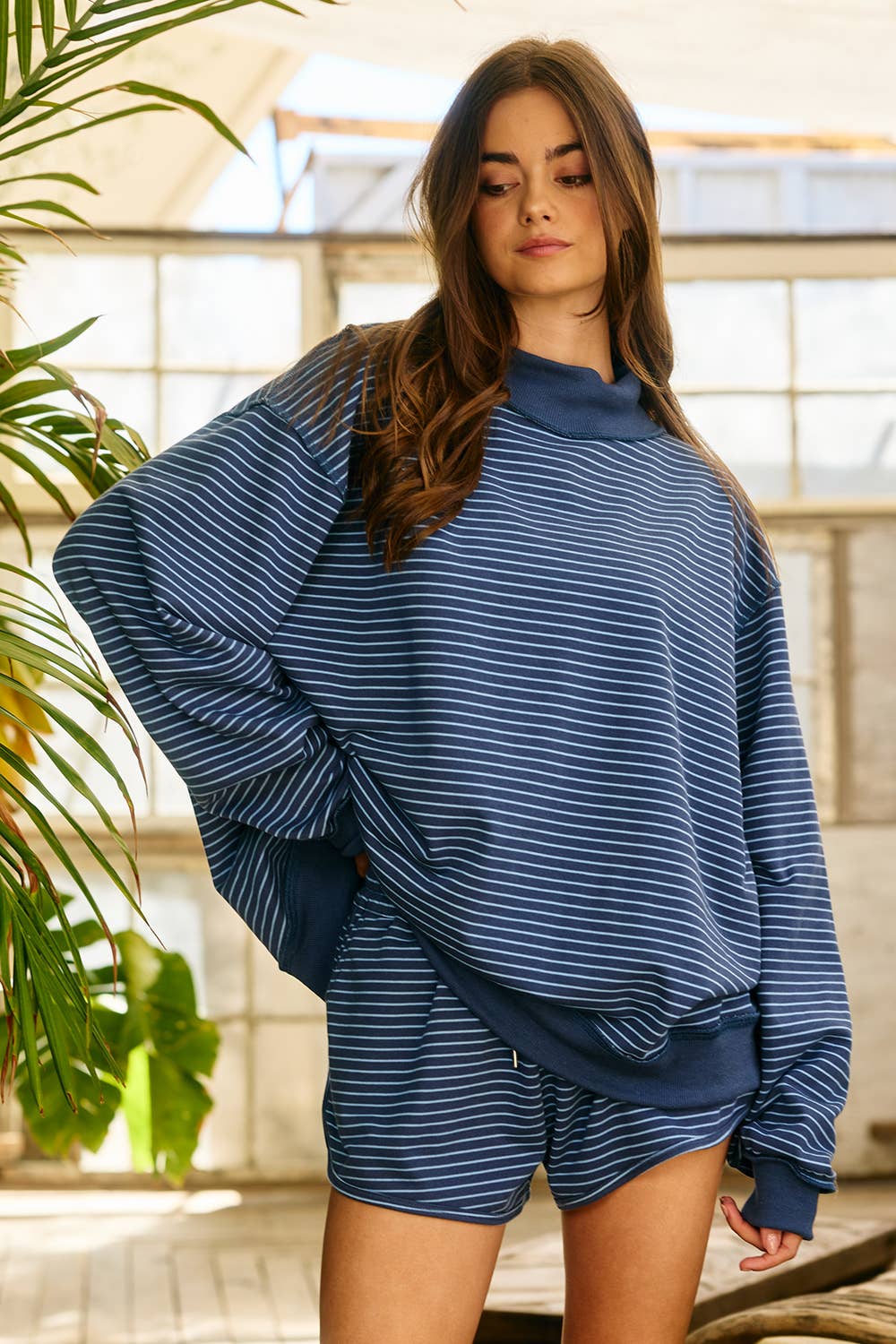 Stripe Print Mock Neck Oversized Sweatshirt-Navy