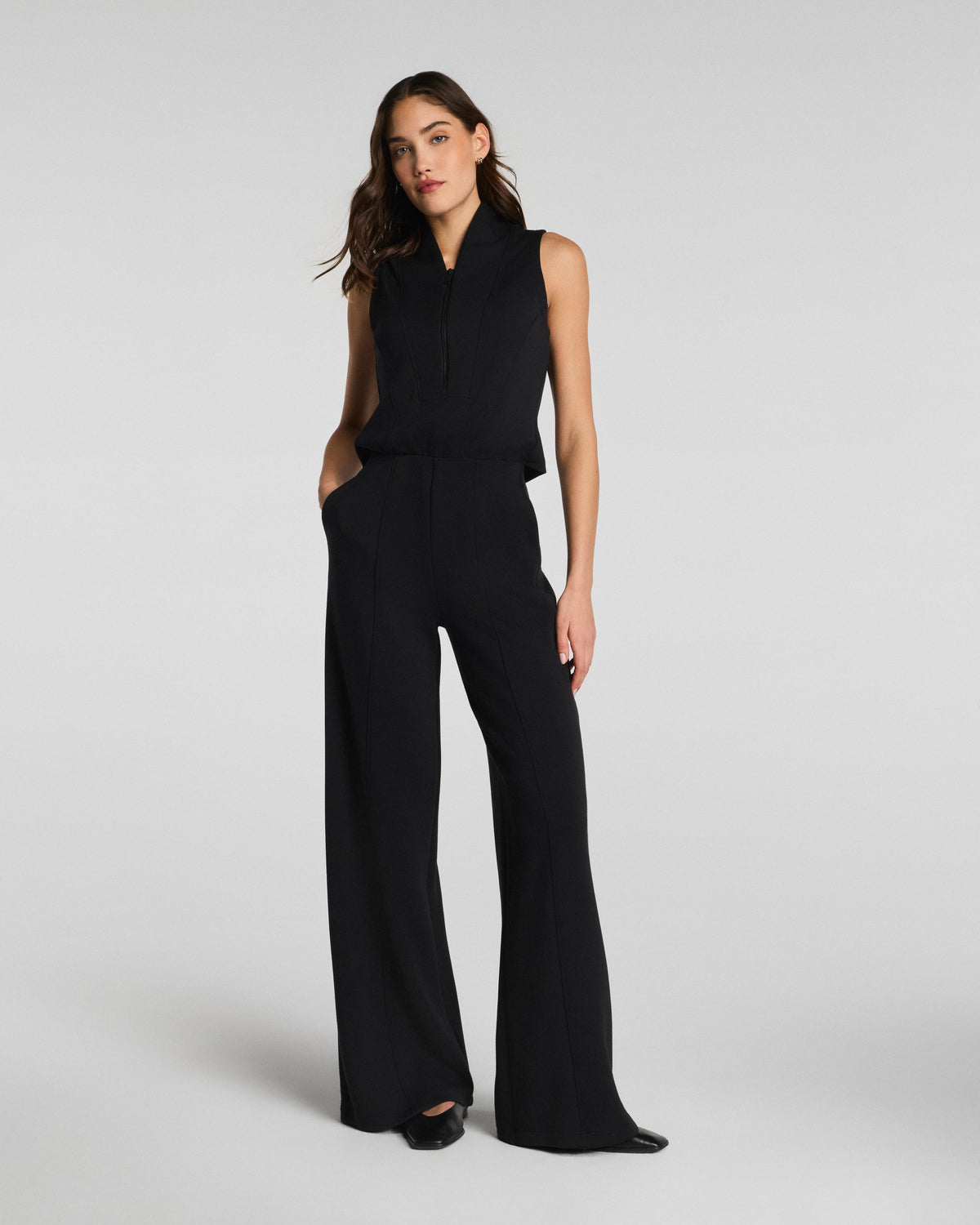 Spanx Shawl Collar Half Zip Jumpsuit in Very Black - front view