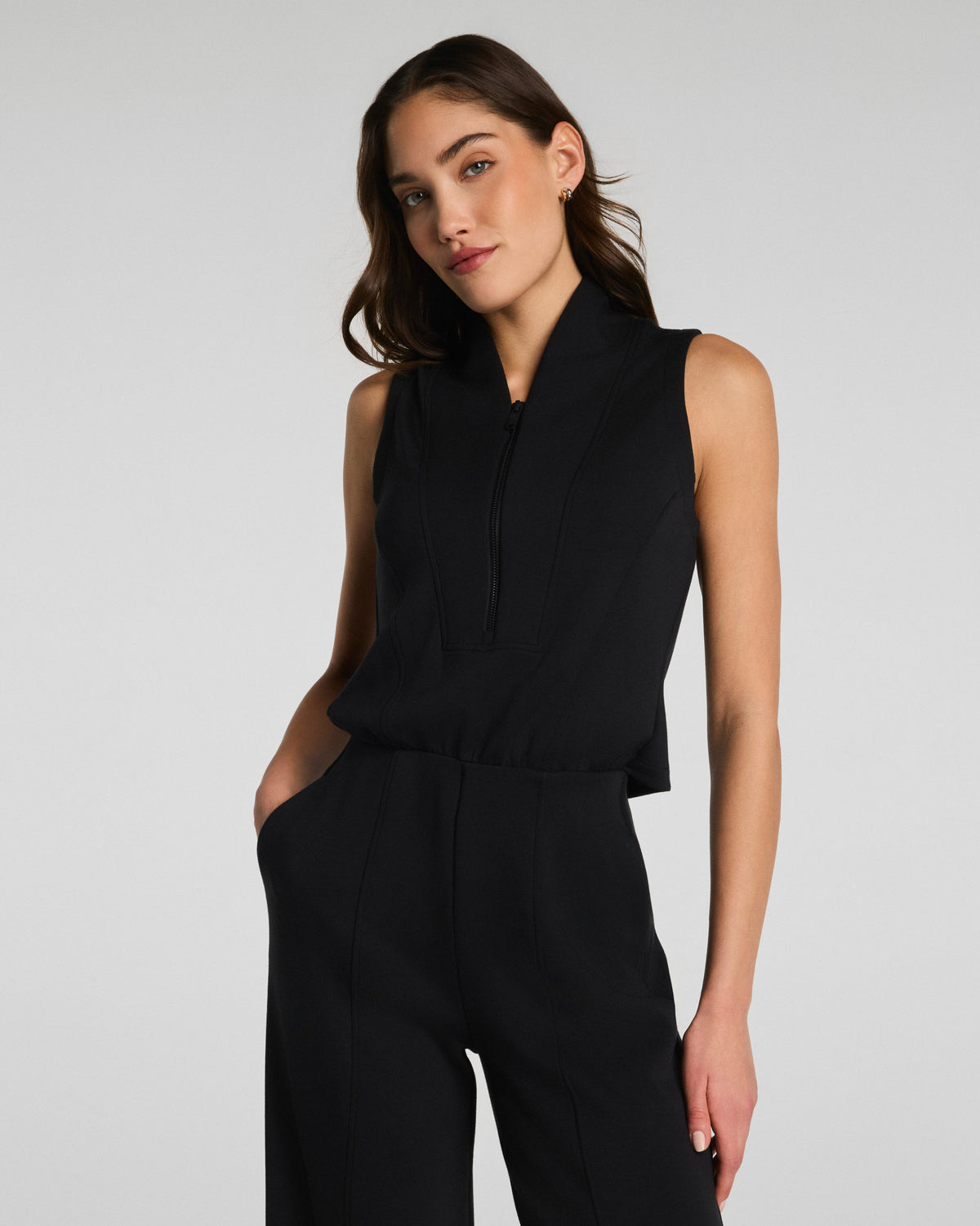 Spanx Shawl Collar Half Zip Jumpsuit in Very Black - detail view