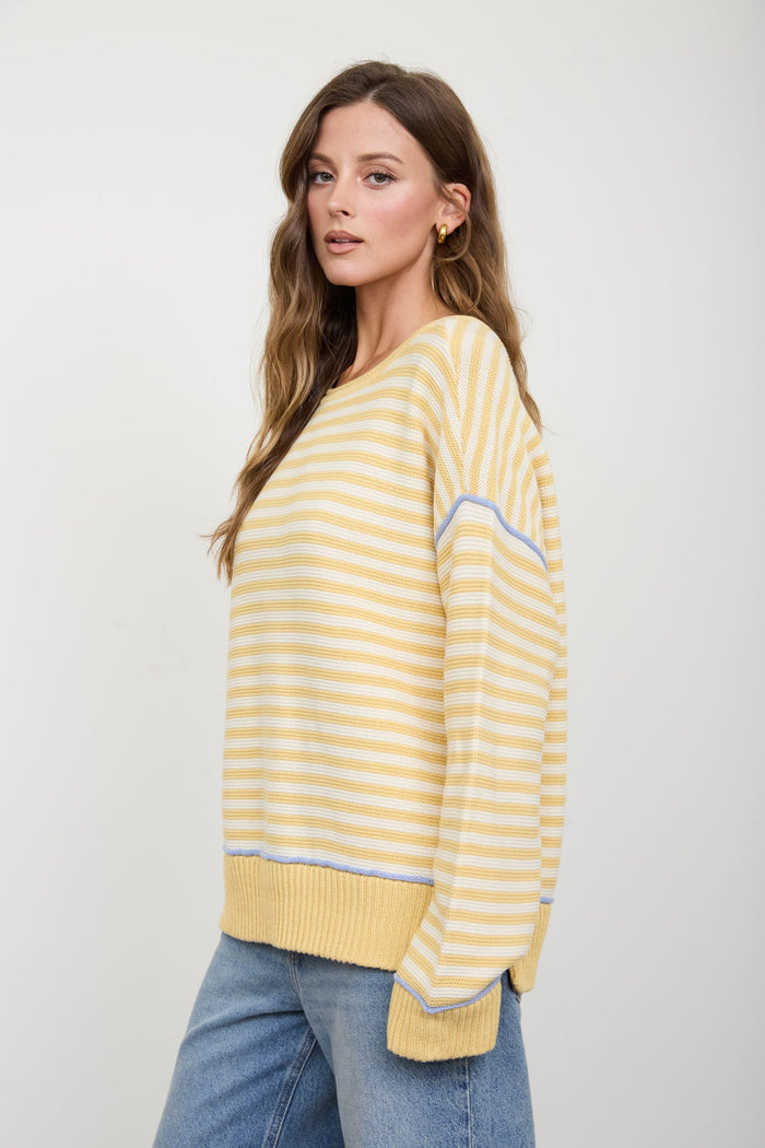 Blu Pepper Stripe Contrast Raw Edge Sweater - Yellow