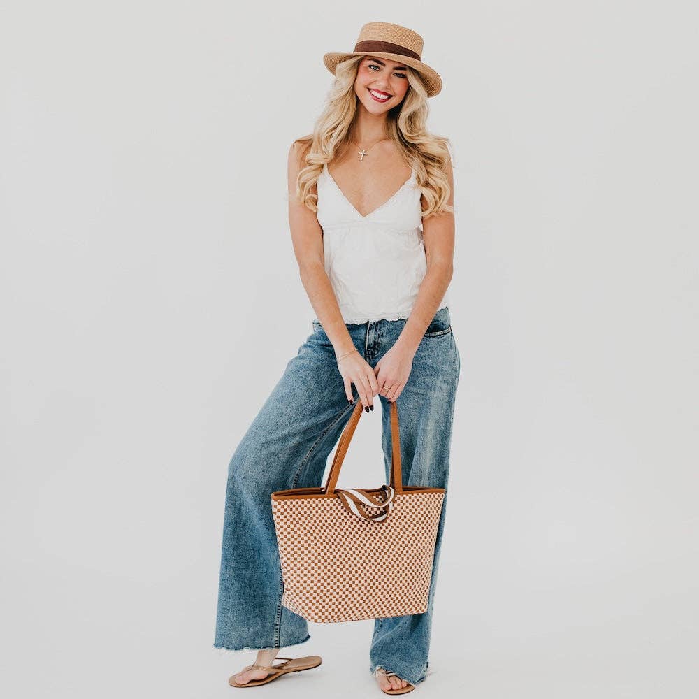 Woven Tiffany Organizer Tote Bag: Checkered Brown