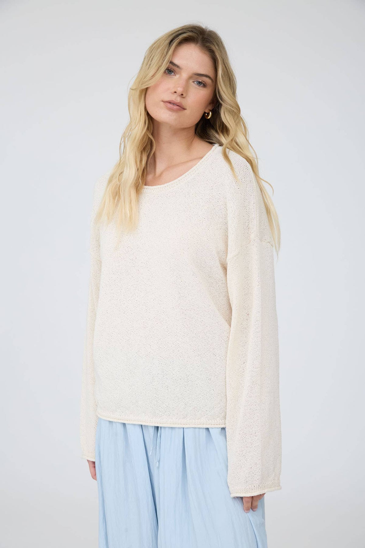 Blu Pepper Textured Raw Edge Sweater Oatmeal detail
