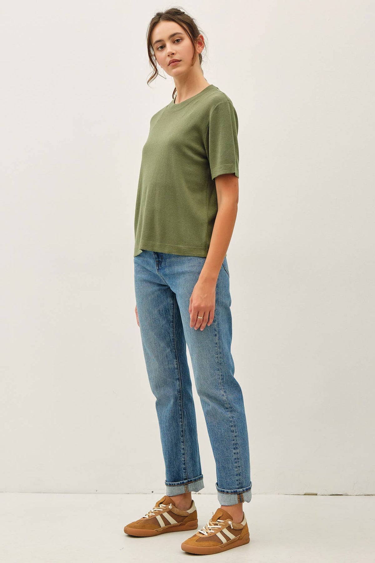Cashmere Blended Short Sleeve Sweater - Olive