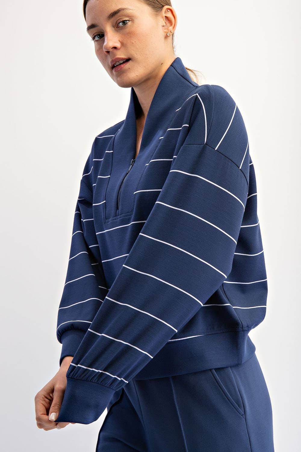 Rae Mode Modal Scuba Stripe V-Neck Top - Smoky Navy
