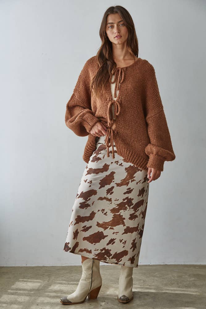 By Together Cow Print Satin Midi Skirt