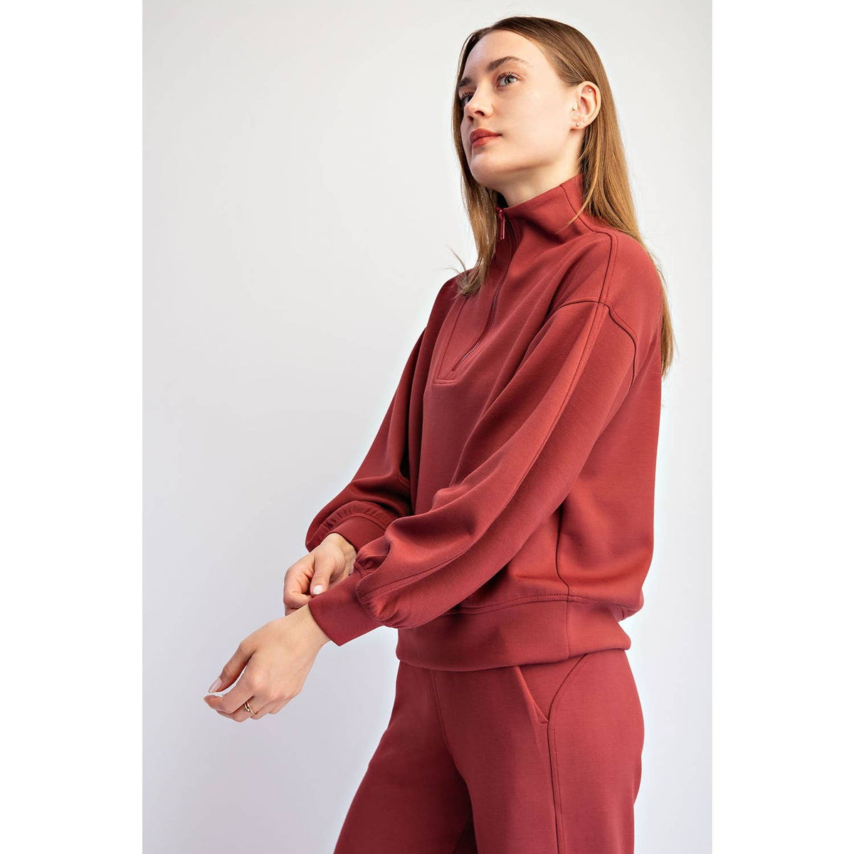 Modal Scuba Quarter Zip Barrel Sleeve Top - Merlot