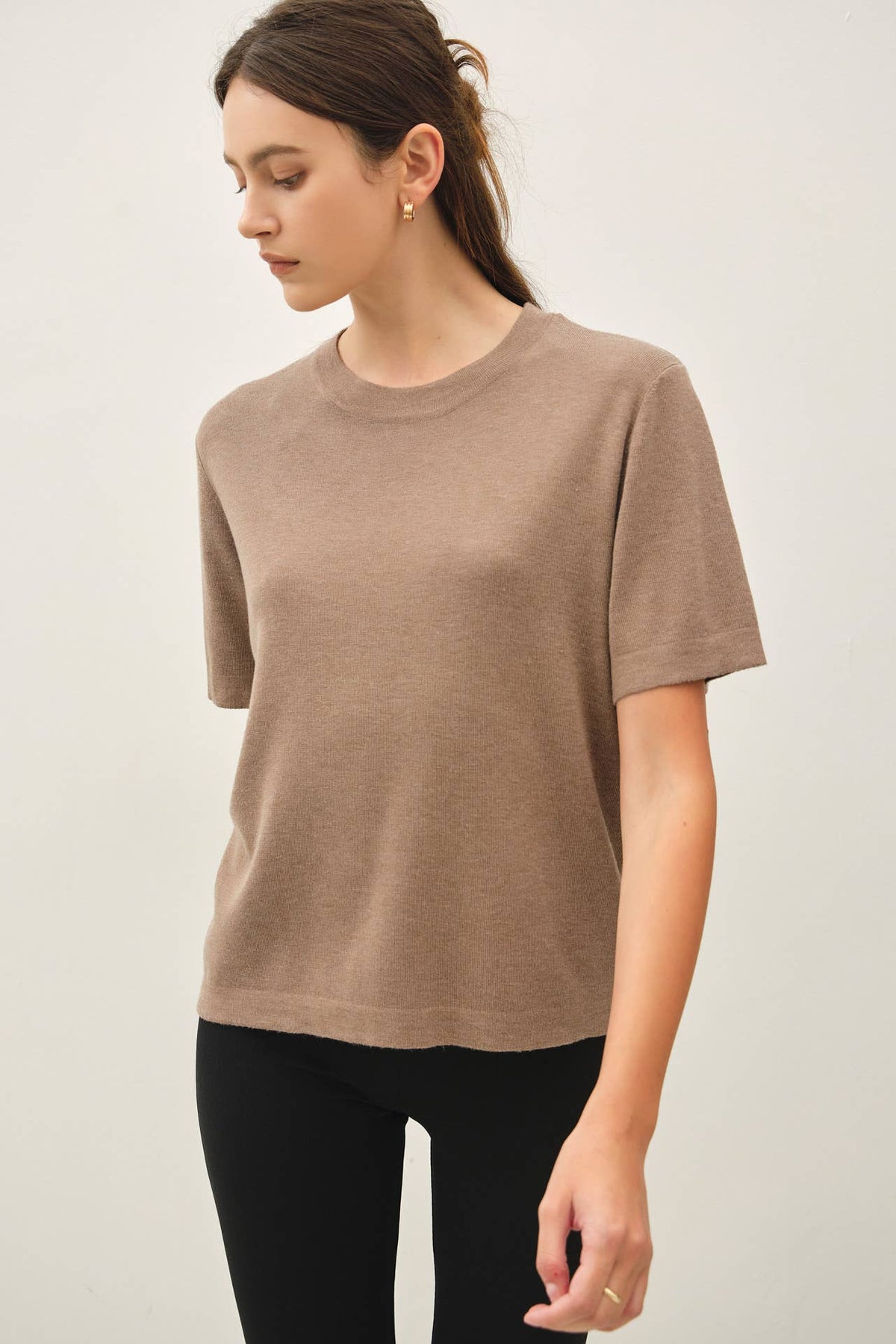 Cashmere Blended Short Sleeve Sweater - Mocha