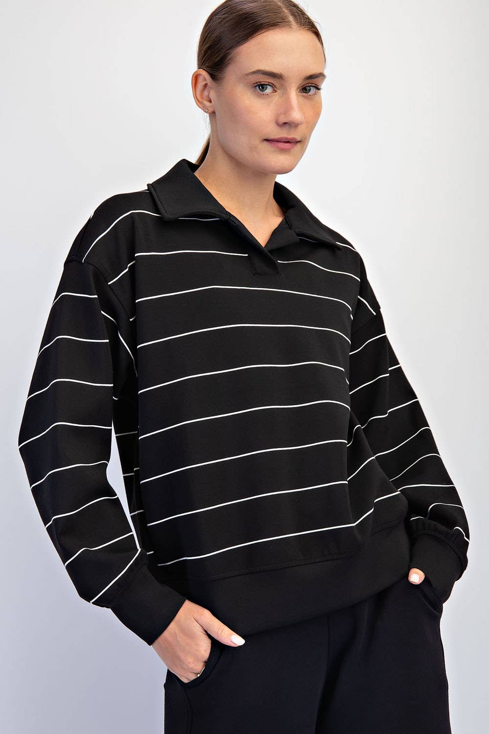 MODAL SCUBA STRIPE POLO SWEATSHIRT - Black