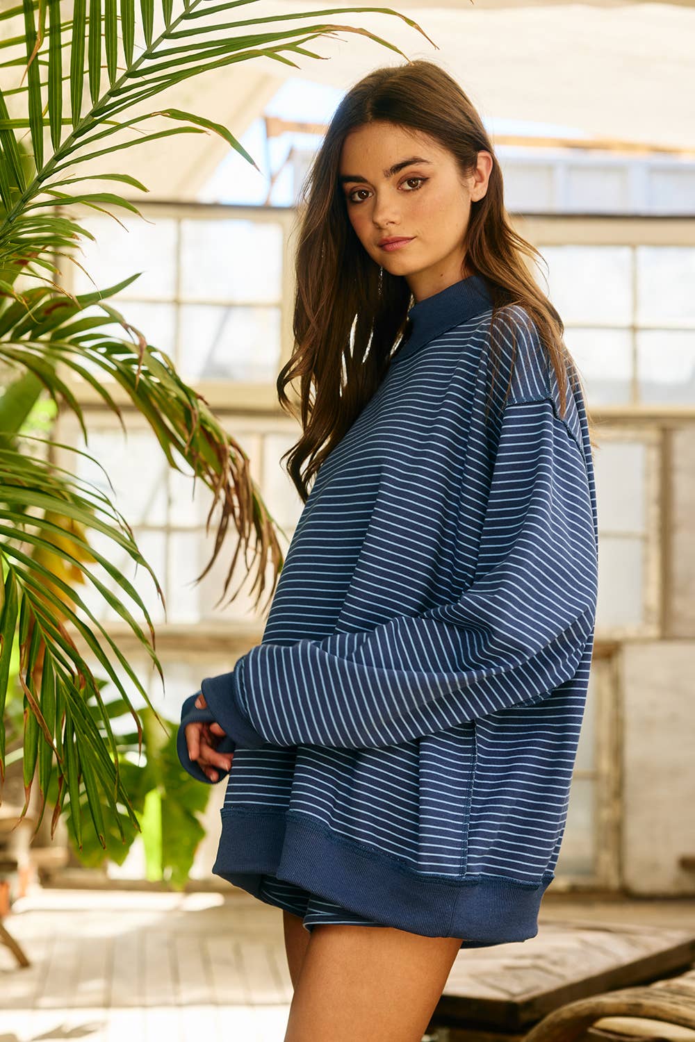 Stripe Print Mock Neck Oversized Sweatshirt-Navy