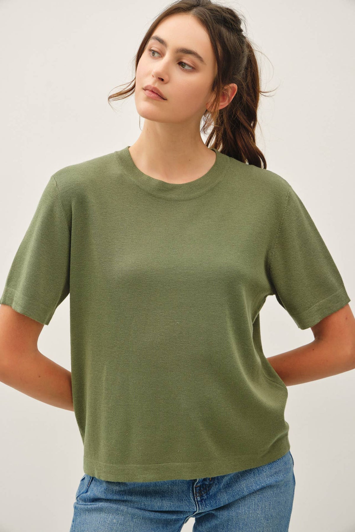 Cashmere Blended Short Sleeve Sweater - Olive