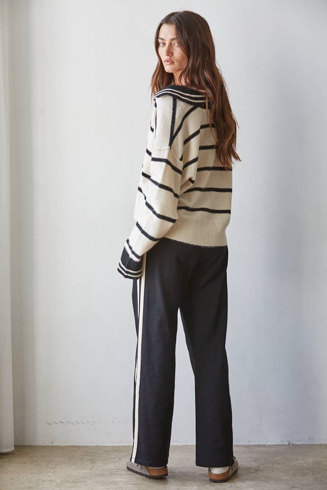 By Together Striped V-Neck Collar Sweater - Cream/Black