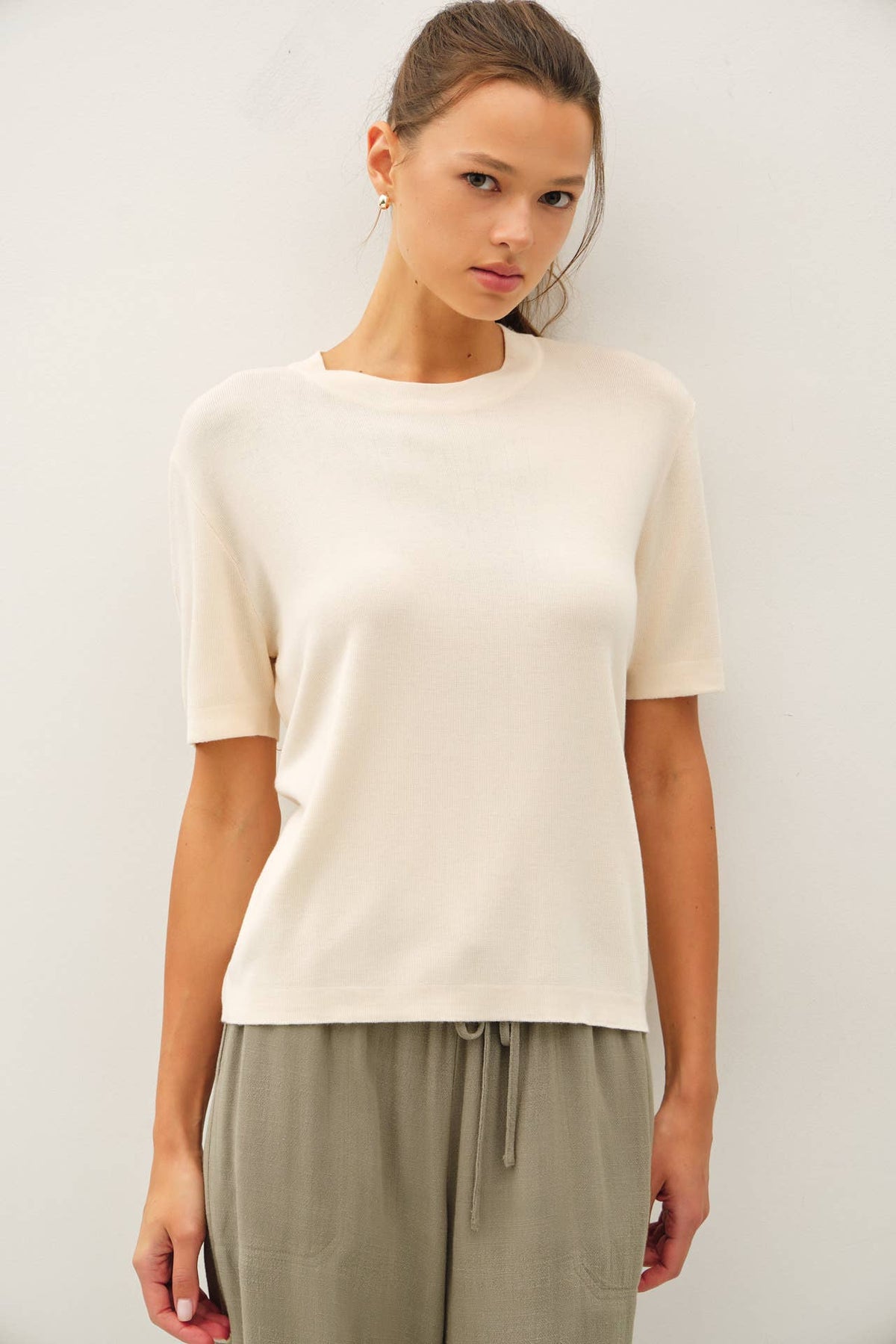 Cashmere Blended Short Sleeve Sweater - Olive