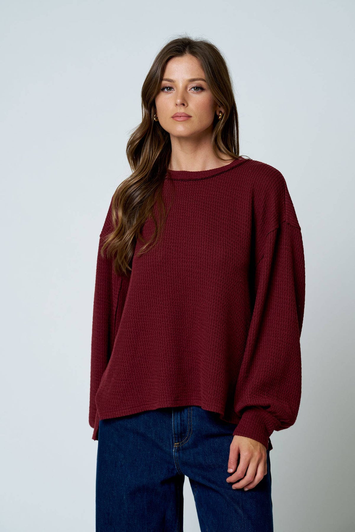 Blu Pepper Textured Exposed Seam Top- Navy