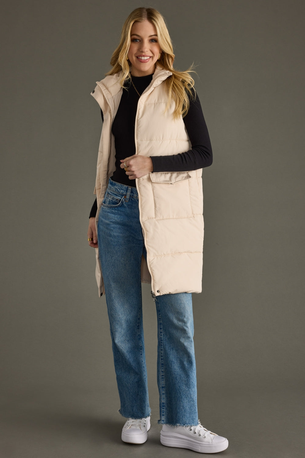 Panache Long Puffer Vest in Cream - full length view