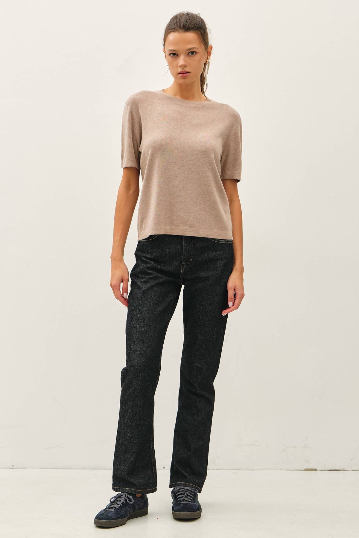 Cashmere Blended Short Sleeve Sweater - Olive