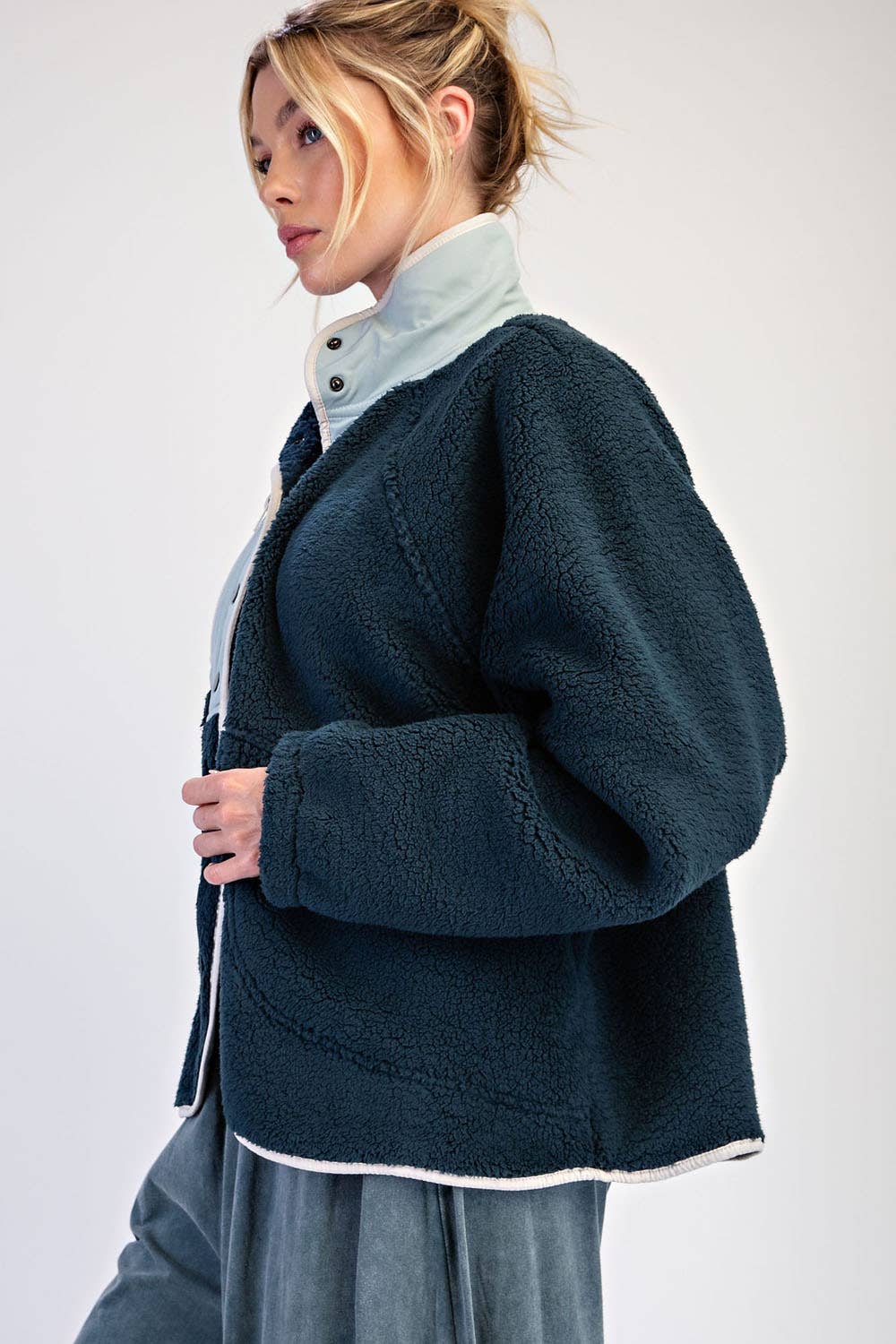 SHERPA BUTTON UP JACKET - Dark Sea Green