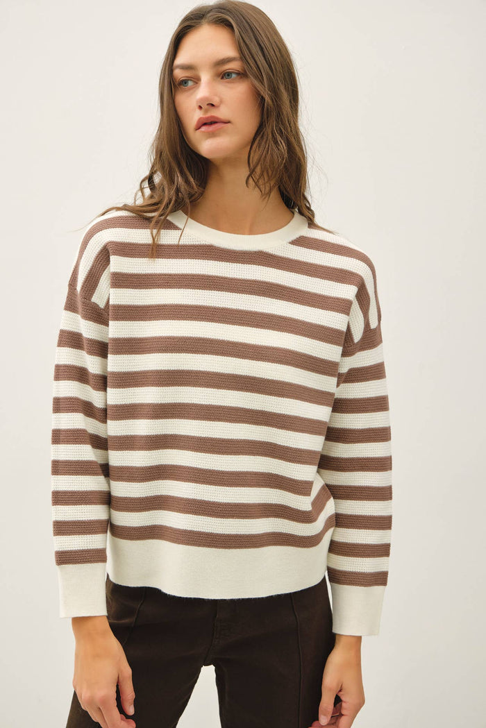 Waffle Texture Stripe Sweater-Brown