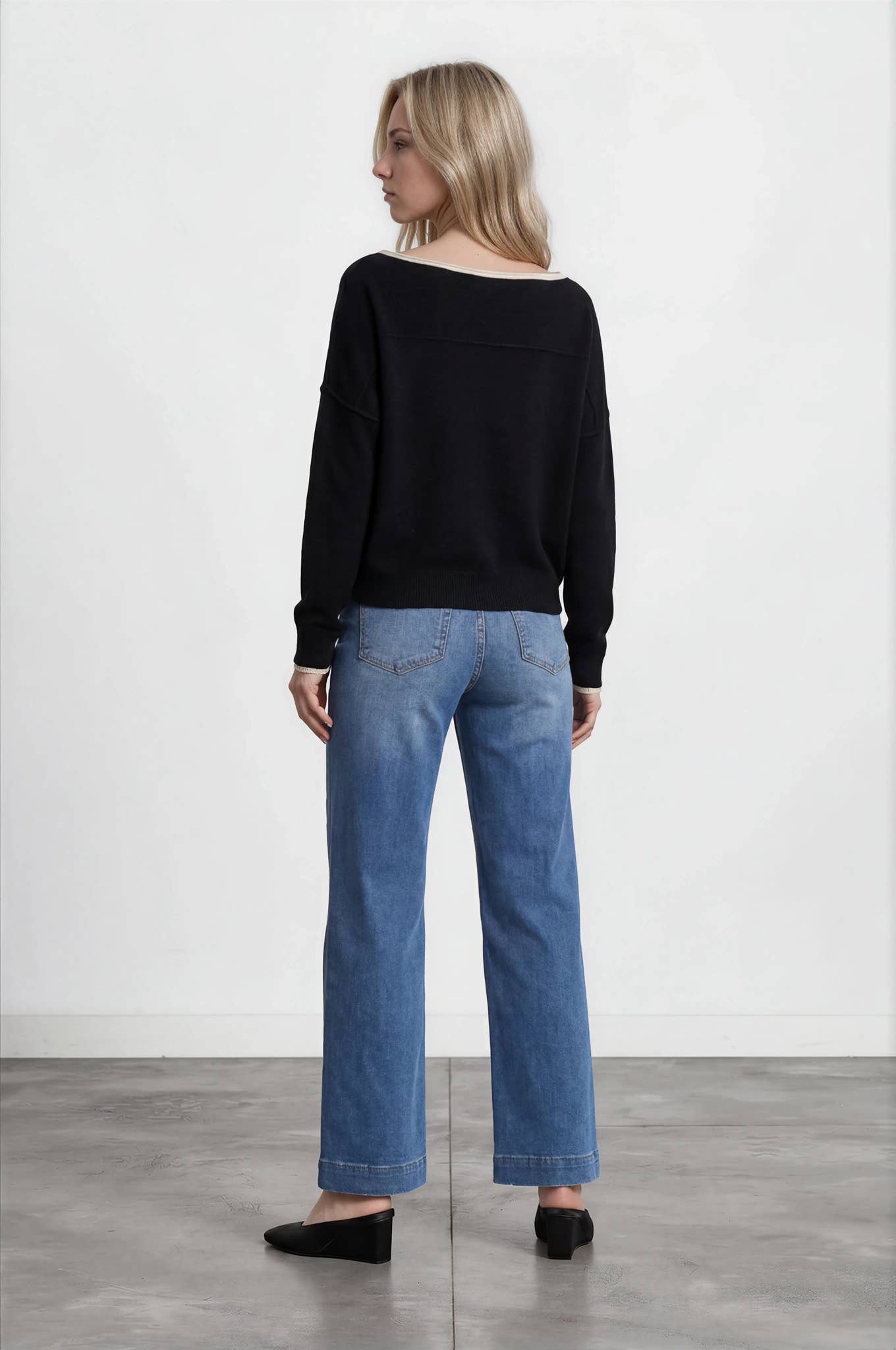 Blu Pepper Contrast Trim Off Shoulder Sweater Black styled