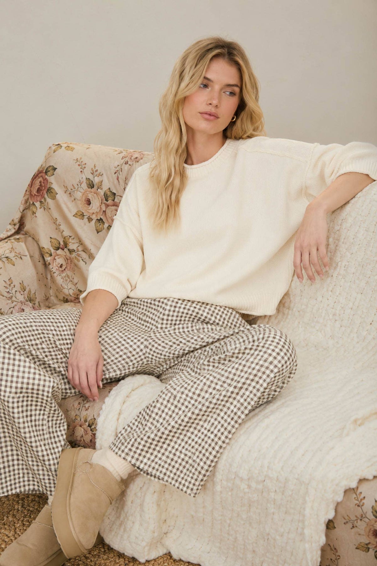 Blu Pepper Gingham Barrel Pant - Taupe