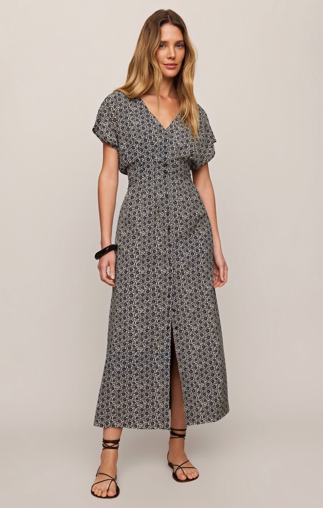 Z Supply Sanna Iris Floral Midi Dress in Eclipse - worn, smocked back waist